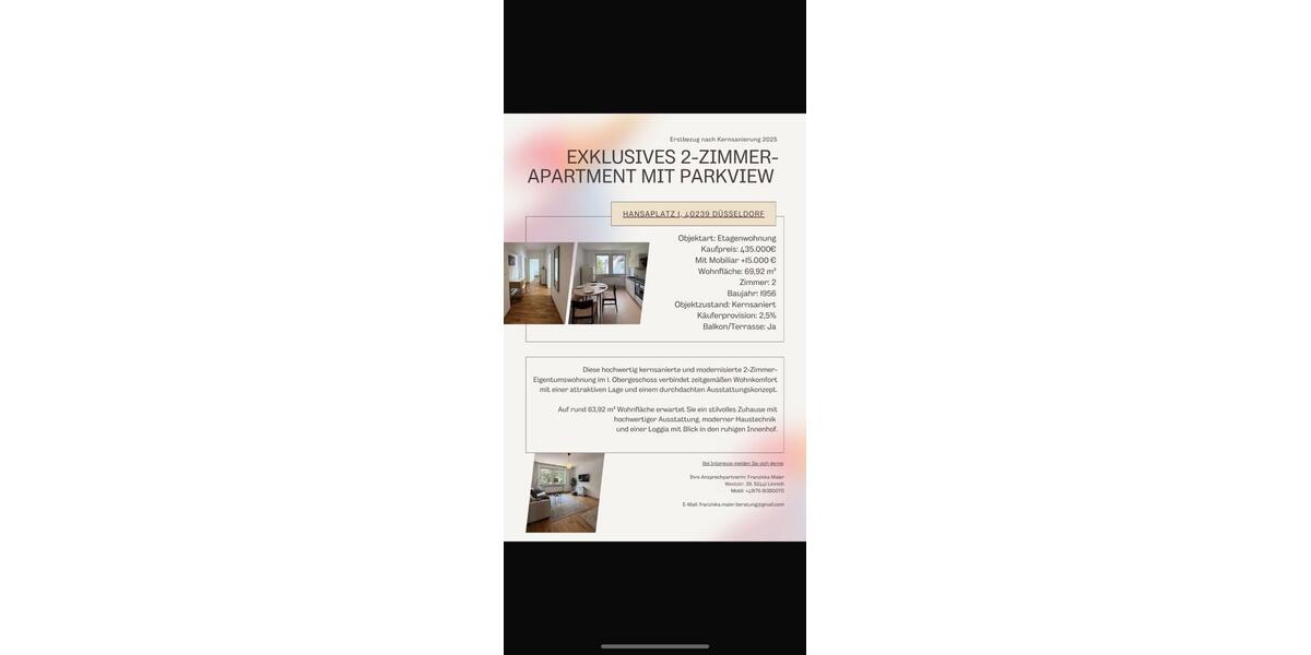 Etagenwohnung Düsseldorf Düsseltal - 2 Zimmer, 64 m&sup2;, 435.000&euro; | Angebot:27450794