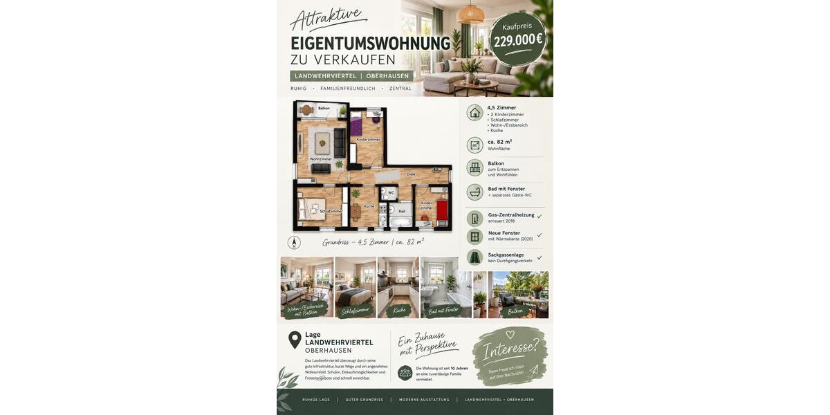 Etagenwohnung Oberhausen - 4.5 Zimmer, 82 m&sup2;, 229.000&euro; | Angebot:27459333