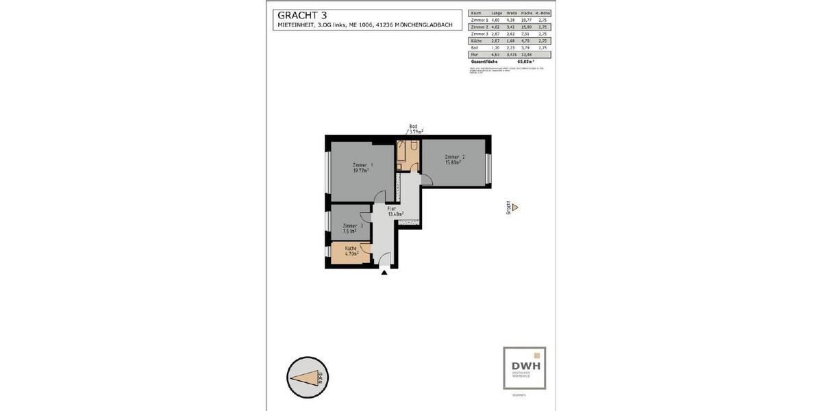 Etagenwohnung Mönchengladbach Süd - 3 Zimmer, 65 m&sup2;, 549&euro; | Angebot:25590564