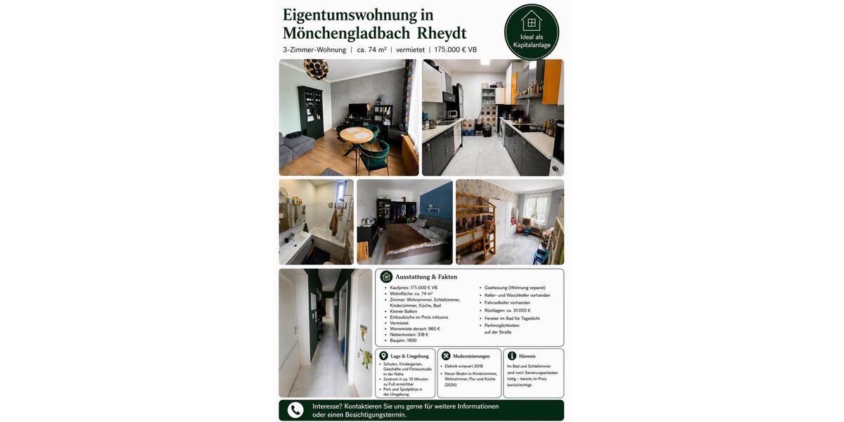 Etagenwohnung Mönchengladbach Süd - 3 Zimmer, 74 m&sup2;, 172.000&euro; | Angebot:27443270